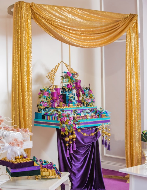 Purple candy bar under curtain