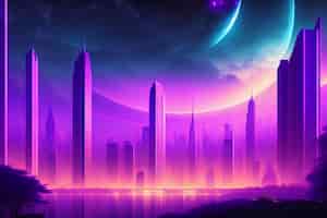 自由与一颗行星照片一个紫色的城市背景
