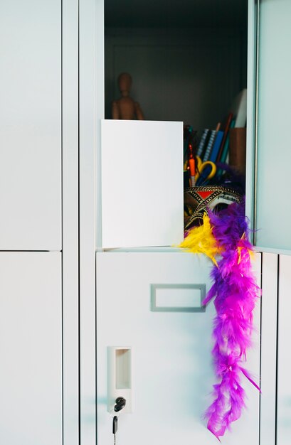 Purple feather boa hanging from open locker