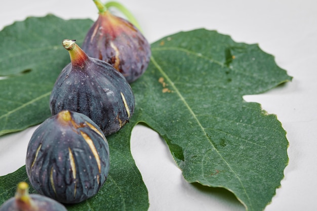 Purple figs with a leaf on white.