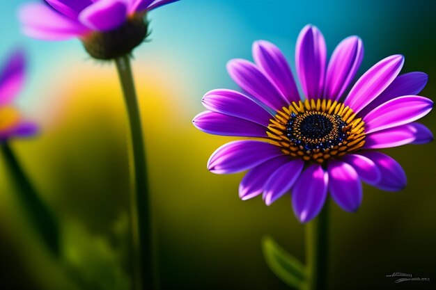 A purple flower with a blue center and a yellow center.