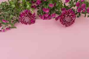 Free photo purple flowers scattered on pink table