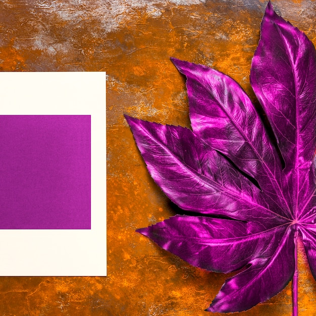 Free photo purple invitation and leaf on table