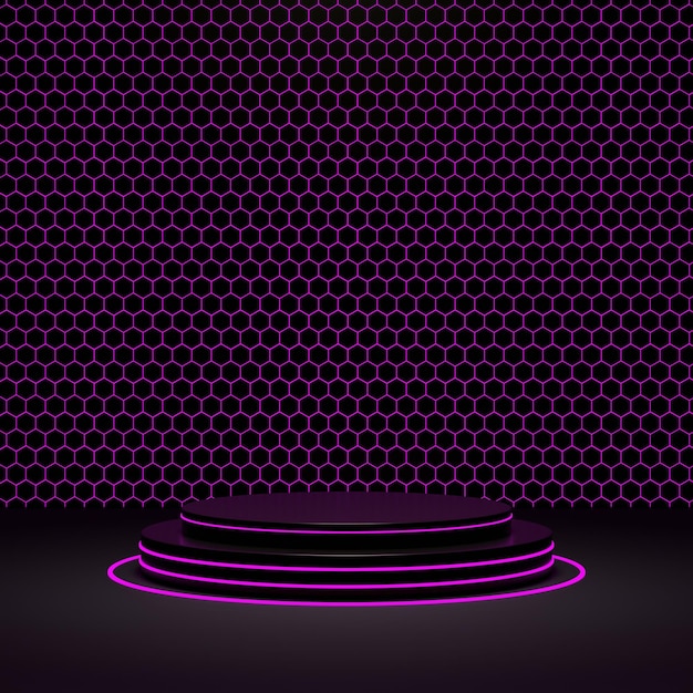 紫色の光の丸い表彰台とモックアップの六角形の背景