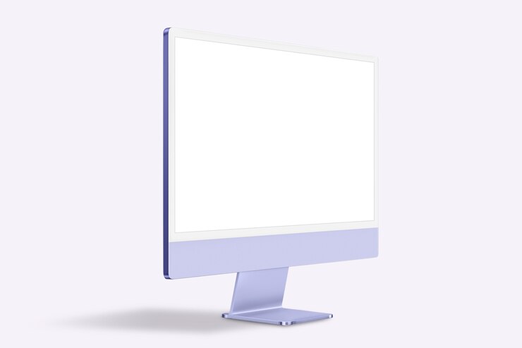 무료 Photo 디자인 공간이 있는 보라색 최소 컴퓨터 데스크탑 화면 디지털 장치
