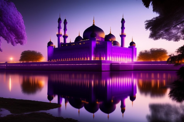 A purple mosque lit up at night with the lights purple