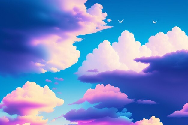 A purple and pink sky with clouds and birds flying in the sky.