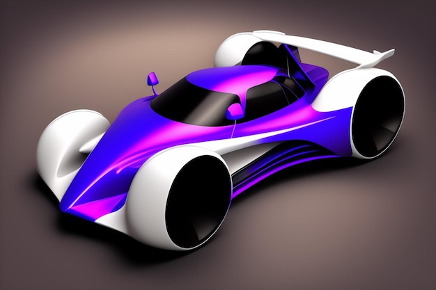 Un'auto da corsa viola e bianca con la parola velocità sul lato.