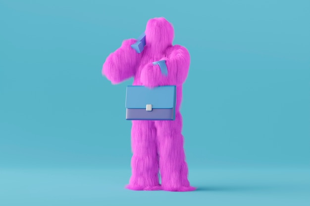 Purple yeti cartoon holding bag