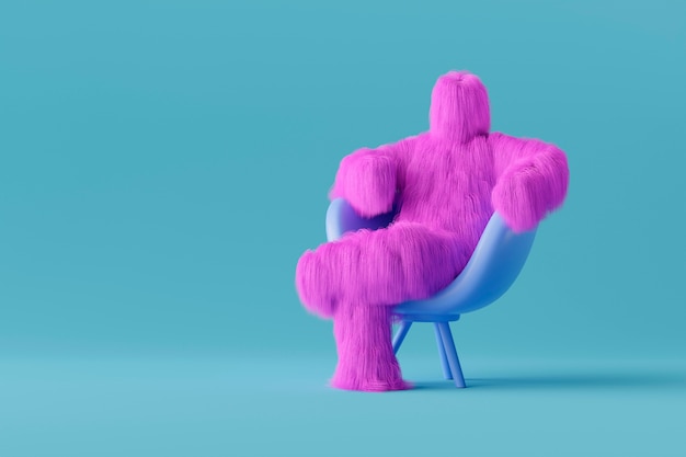 Purple yeti cartoon sitting on chair