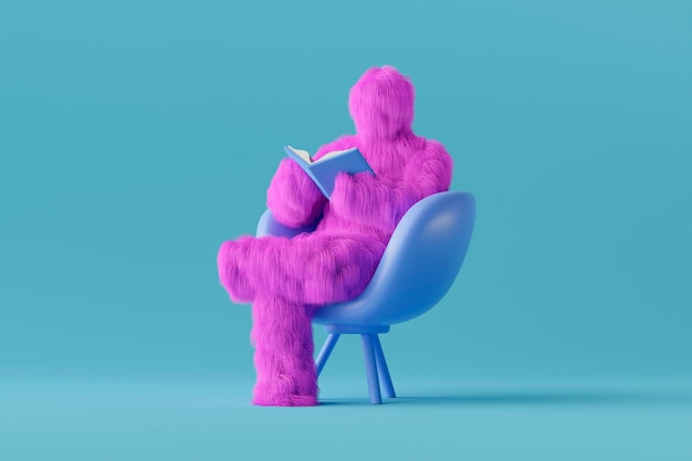 Фиолетовый йети сидит на стуле