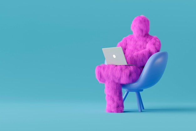 Фиолетовый йети сидит на стуле