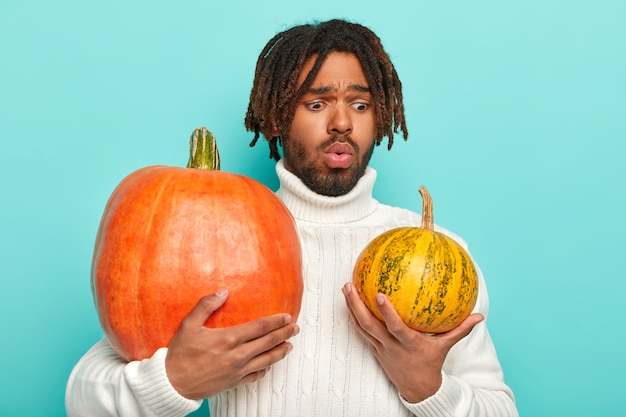 Puzzled man holds two pumpkins, chooses which better for preparing healthy nutritious meal, wears white sweater with long collar