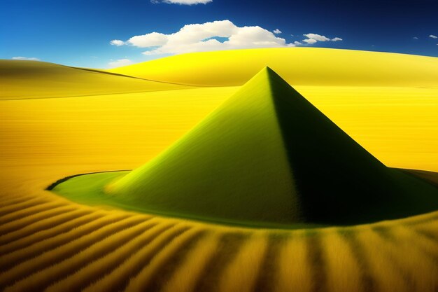 A pyramid in the desert with a blue sky in the background.