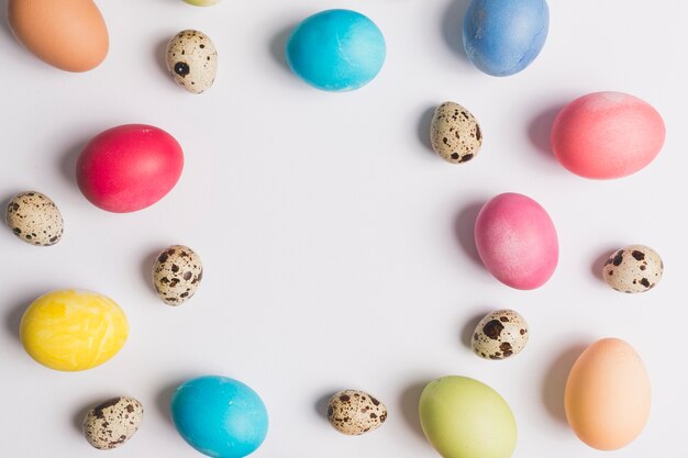 Quail and colored eggs