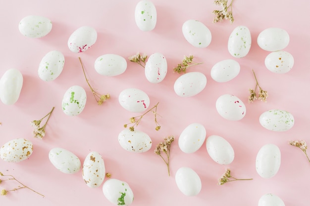 Foto gratuita uova di quaglia e fiori secchi
