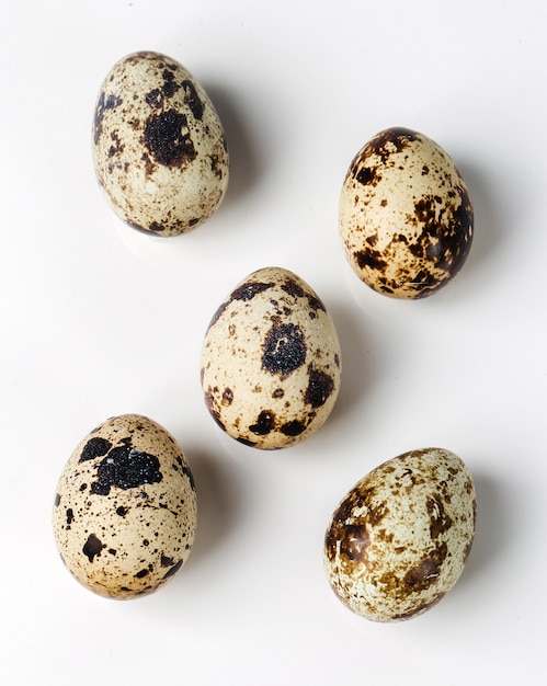 Quail eggs on white table