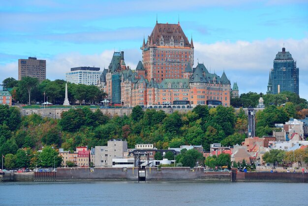 Quebec City skyline over river with blue sky and cloud.