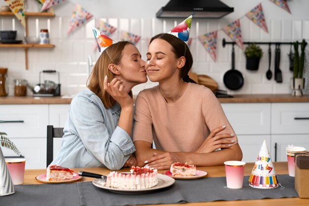 Queer couples celebrating birthday