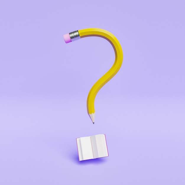question mark pencil with open book on pastel purple wall. minimal scene, concept of education, curiosity, ideas. 3d render