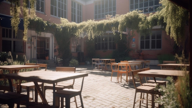 A quiet corner of the school courtyard where students gather to study