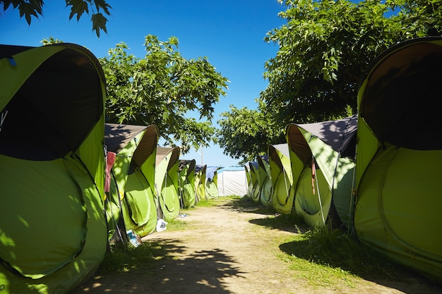 해변 근처에있는 동일한 녹색과 검은 색 텐트의 서핑 캠프에서 조용한 아침