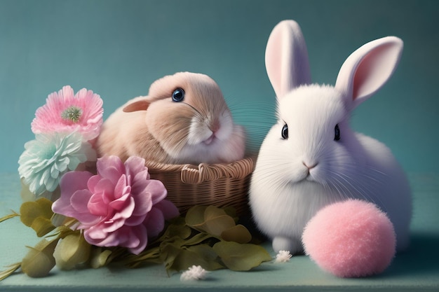 ウサギと花のバスケット