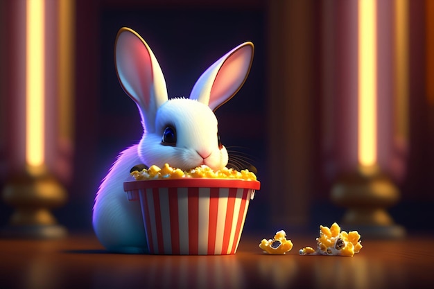 Free photo a rabbit eating popcorn in a movie theater