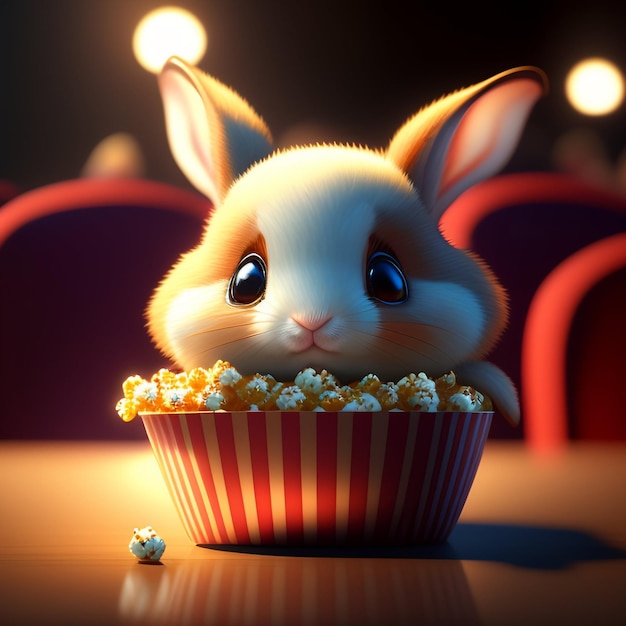 A rabbit looks at popcorn in a movie theater.