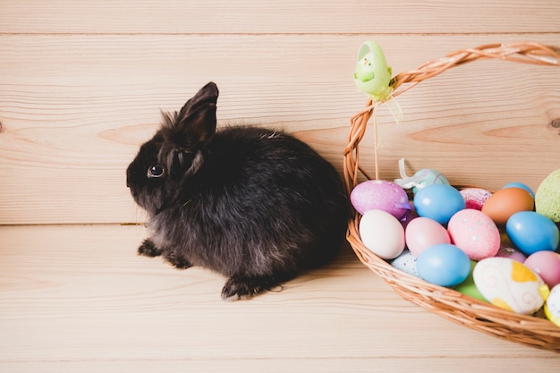 Rabbit near basket with eggs