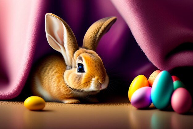 イースターエッグを乗せた紫色のカーテンの下にウサギが座っています。