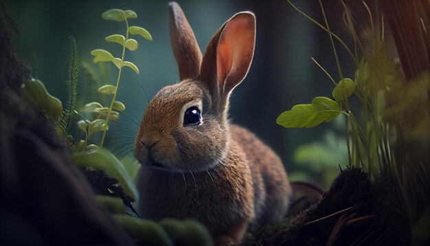 Rabbit with plants realistic scene generative ai