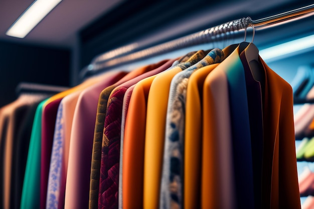 A rack of colorful clothes with a blue background