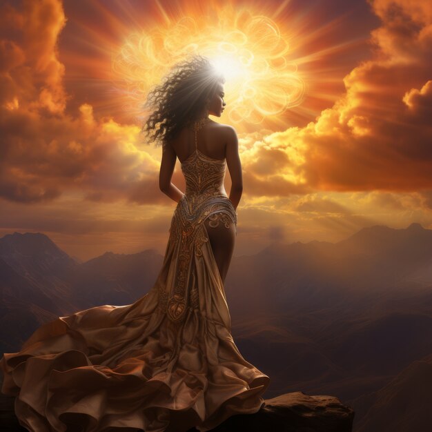 Radiant depiction of empowered female sun goddess