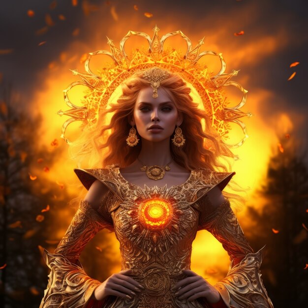 強力な女性太陽女神の輝く描写