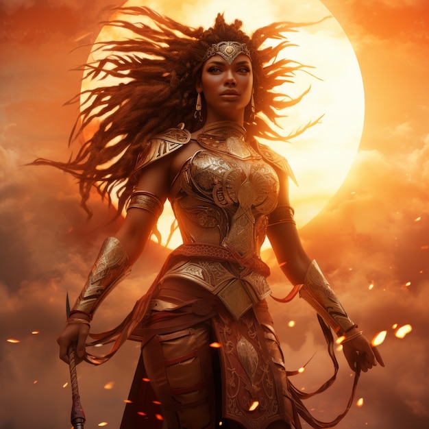 Бесплатное фото Излучающее изображение наделенной силой женской богини солнца