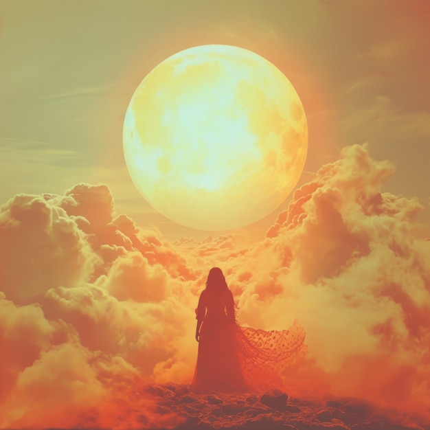 Бесплатное фото Излучающее изображение наделенной силой женской богини солнца