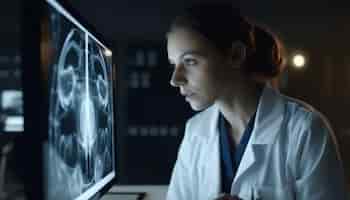Free photo radiologist analyzing x ray healthcare expertise illuminated generated by ai