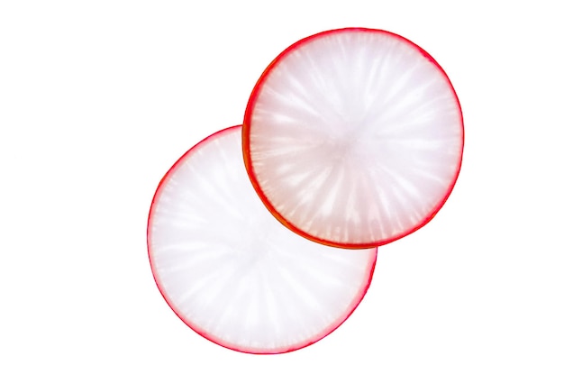 Radish slices isolated on white. slose-up. copy space