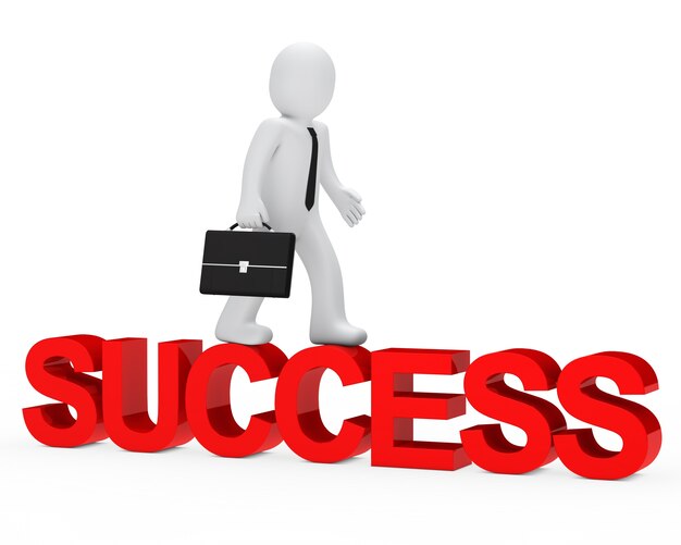 Rag doll walking on the word "success"