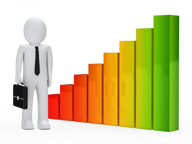 Rag doll with a briefcase next to a bar graph colors