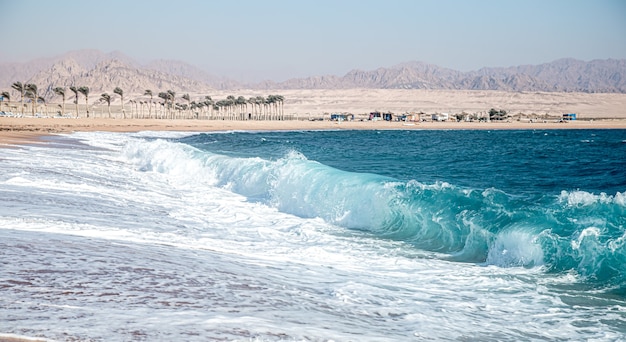 Free photo raging sea with foamy waves in sunny weather. view of the coast with mountains.