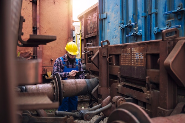 Free photo railroad worker checking on cargo containers at freight train station