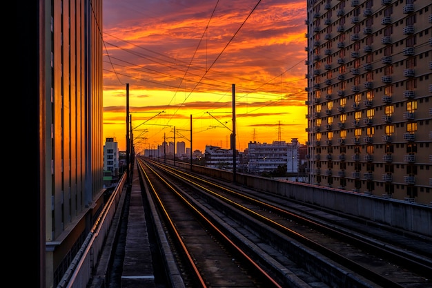 Free photo railway and sunrise