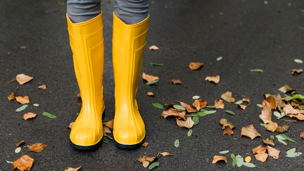 Foto gratuita stivali da pioggia accanto alle foglie d'autunno