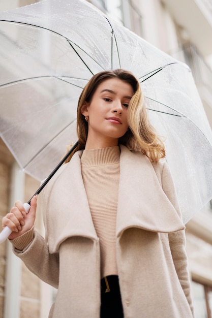 Rain portrait of young beautiful woman with umbrella