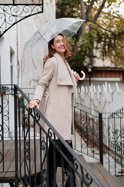 Rain portrait of young beautiful woman with umbrella