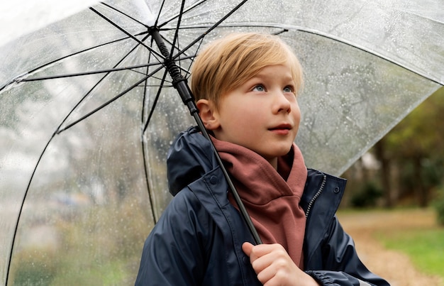 Rain portrait of young and handsome boy