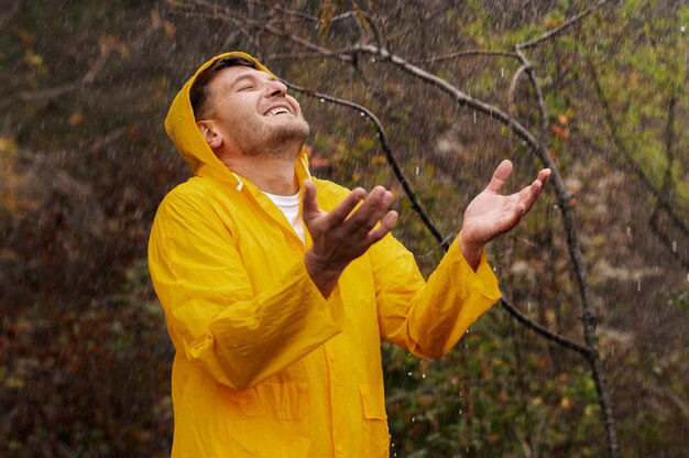 Rain portrait of young man in rain coat