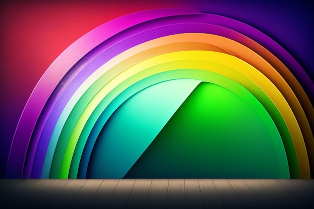 A rainbow background with a red floor and a wooden floor.